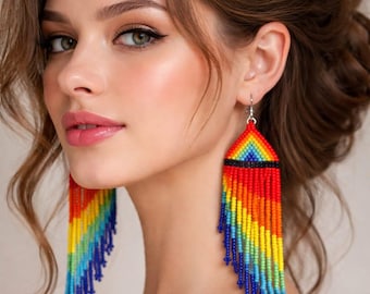 Handmade Seed Beaded Earrings, Rainbow Geometric Dangle Boho Jewelry turquoise jewelry