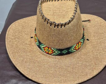 Handmade Seed Bead Hat Band, Geometric Western Cowboy Boho Tribal Accessory