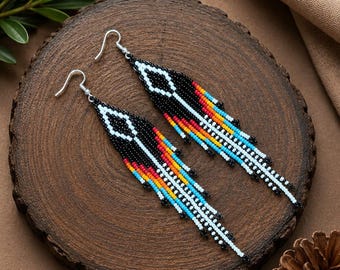 Handmade Beaded Turquoise Fringe seeds beads Earrings, Southwestern Geometric Dangle Boho Jewelry