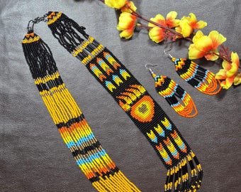 Handmade Southwestern Seed Bead Necklace and Earrings Set, Tribal Boho Festival Jewelry