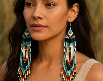 Handmade Long Native Beaded Turquoise Fringe Earrings Southwestern Geometric Dangle Boho Jewelry