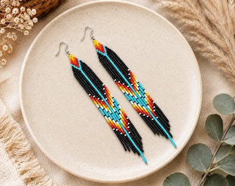 Handmade Long Native Beaded Turquoise Long black Earrings Southwestern Geometric Dangle Boho Jewelry