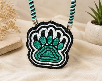 Handmade Seed Bead Bear Paw 6 inche Medallion Necklace, Tribal Boho Statement Jewelry