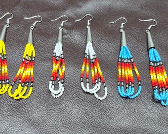 Handmade Beaded Turquoise Fringe seeds beads Earrings, Southwestern Geometric Dangle Boho Jewelry