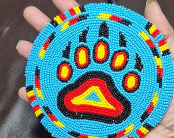 Handmade Seed Bead Bear Paw Medallion Necklace, 6-inch Tribal Boho Statement Jewelry