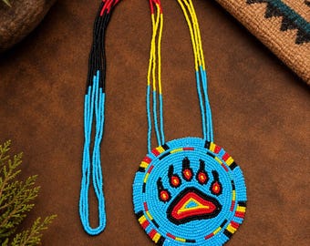 Handmade Beaded Medallion Necklace, Sky Blue Sunburst Design, Southwestern Boho Jewelry