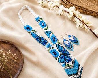 handmade beaded Blue Butterfly Seed Bead Necklace and Earrings Set for women Southwestern Statement Jewelry inspired native american style