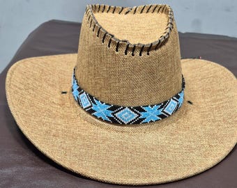 Handmade Blue Seed Bead Hat Band, Geometric Western Cowboy Boho Accessory