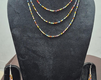 Native Inspired Seed Bead Jewelry Set, Multicolor Tribal Necklace, Earrings, Bracelet, Keychain,indigenous shop