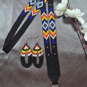 Handmade Seed Bead Lanyard and Earrings Set, Native Inspired Geometric Beadwork Badge Holder id holder ,key chain