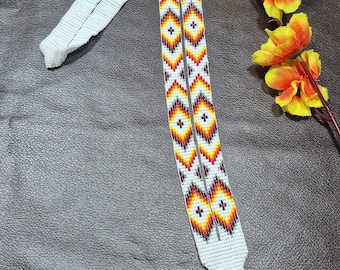 Handmade Native American Inspired Beaded Lanyard, white  Seed Bead ID Badge Holder, Tribal Beaded Keychain Lanyard, Beaded Neck Strap,
