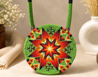 Handmade beaded medallion 5 inche inspired by native american beaded medallion,beaded necklace,indigenous shop