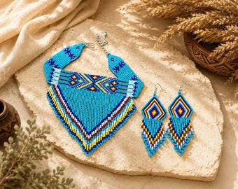 Handmade Turquoise Blue Beaded Bib Necklace and Earrings Set, Tribal Boho Jewelry