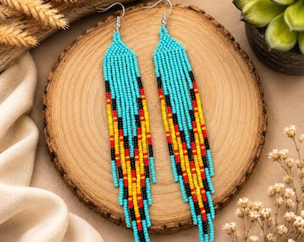 Handmade Long Native Beaded Turquoise Fringe Earrings Southwestern Geometric Dangle Boho Jewelry