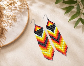Handwoven Turquoise Seed Bead Fringe Earrings, Southwestern Boho Statement Jewelry