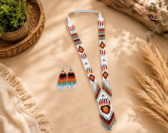 Handmade Turquoise Beaded seed beads Necklace and Earrings Set, Tribal Boho Jewelry,statement jewelry