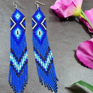 Beaded earring Handwoven Blue Feather Seed Bead Earrings, inspired by Boho Southwestern Dangle Statement Jewelry,native earring image 3