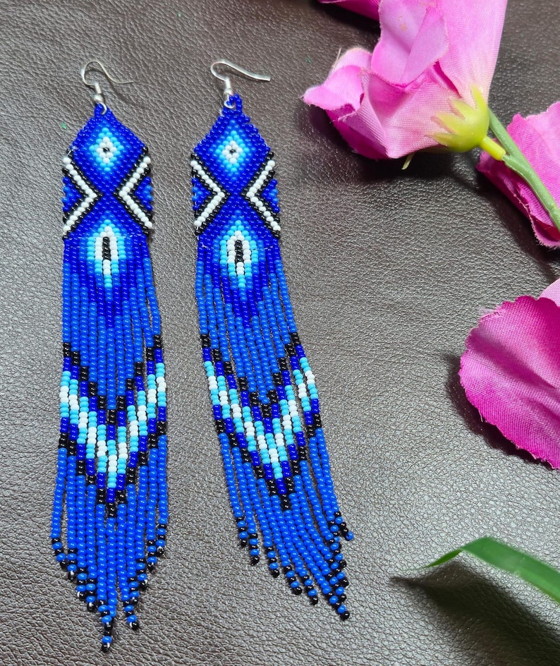 Beaded earring Handwoven Blue Feather Seed Bead Earrings, inspired by Boho Southwestern Dangle Statement Jewelry,native earring image 3