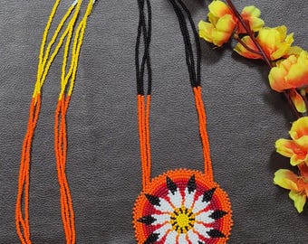 Handmade Beaded Medallion Necklace, Orange Sunburst Tribal Pendant, Boho Southwestern Jewelry