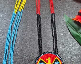 Handmade Seed Bead Medallion Necklace, Native Inspired Tribal Pendant, Thender bird Ethnic Jewelry