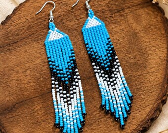 Handmade Seed Bead Fringe Earrings,sky Blue White Black Geometric Boho Style