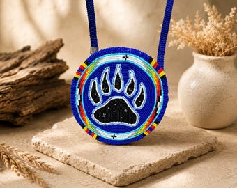 Handmade Seed Bead Bear Paw Medallion Necklace, Tribal Boho Regalia Inspired Jewelry