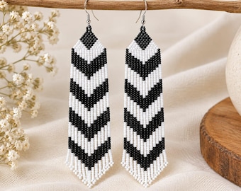 Handmade Black White Seed Bead Fringe Earrings: Geometric Tribal Dangle (6 Inch)