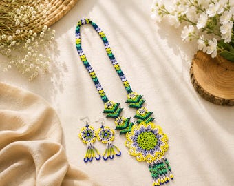 Handmade Beaded Floral Necklace and Earring Set, Boho Style Jewelry,statement jewelry