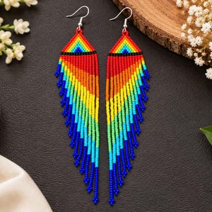 Handmade Seed Beaded Earrings, Rainbow Geometric Dangle Boho Jewelry turquoise jewelry image 2