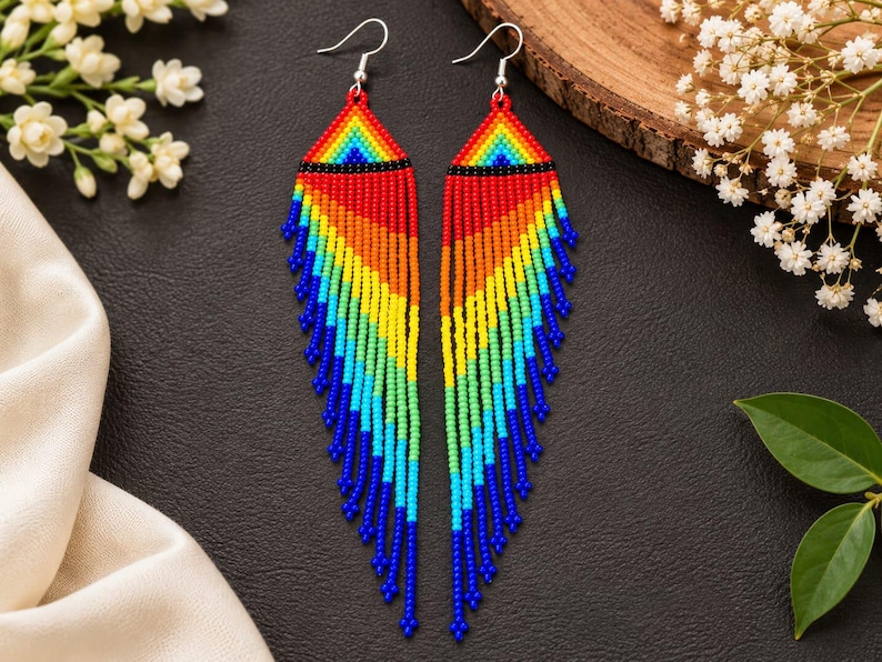 Handmade Seed Beaded Earrings, Rainbow Geometric Dangle Boho Jewelry turquoise jewelry image 2