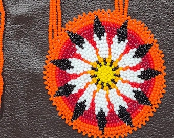 Handmade Beaded Medallion Necklace, Sunburst Tribal Pendant, Boho Southwestern Jewelry