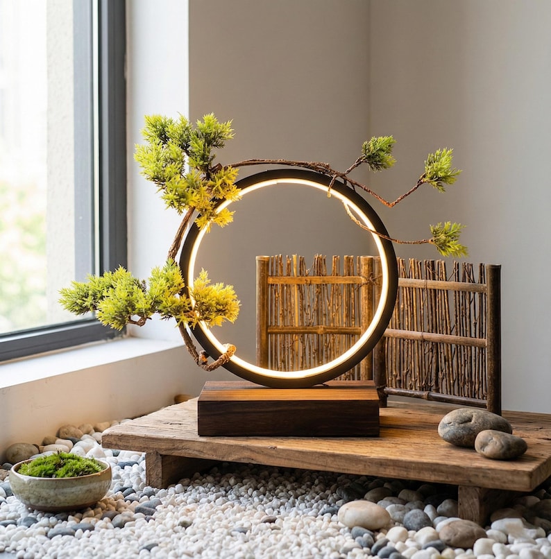 Lámpara de bonsái verde: luz ambiental LED, decoración zen japonesa, lámpara de mesa moderna con forma de anillo para dormitorio y hogar.