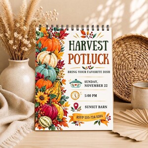 May include: A spiral-bound Harvest Potluck event flyer featuring a vertical border of colourful pumpkins, gourds, and autumn leaves. The text reads Harvest Potluck, Bring Your Favourite Dish, Sunday, November 22, 5:00 PM, Sunset Barn, and RSVP 555-724-8204.