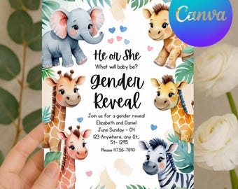 Invitación para revelar el género de un animal de la selva / Tema de safari editable (plantilla de Canva)