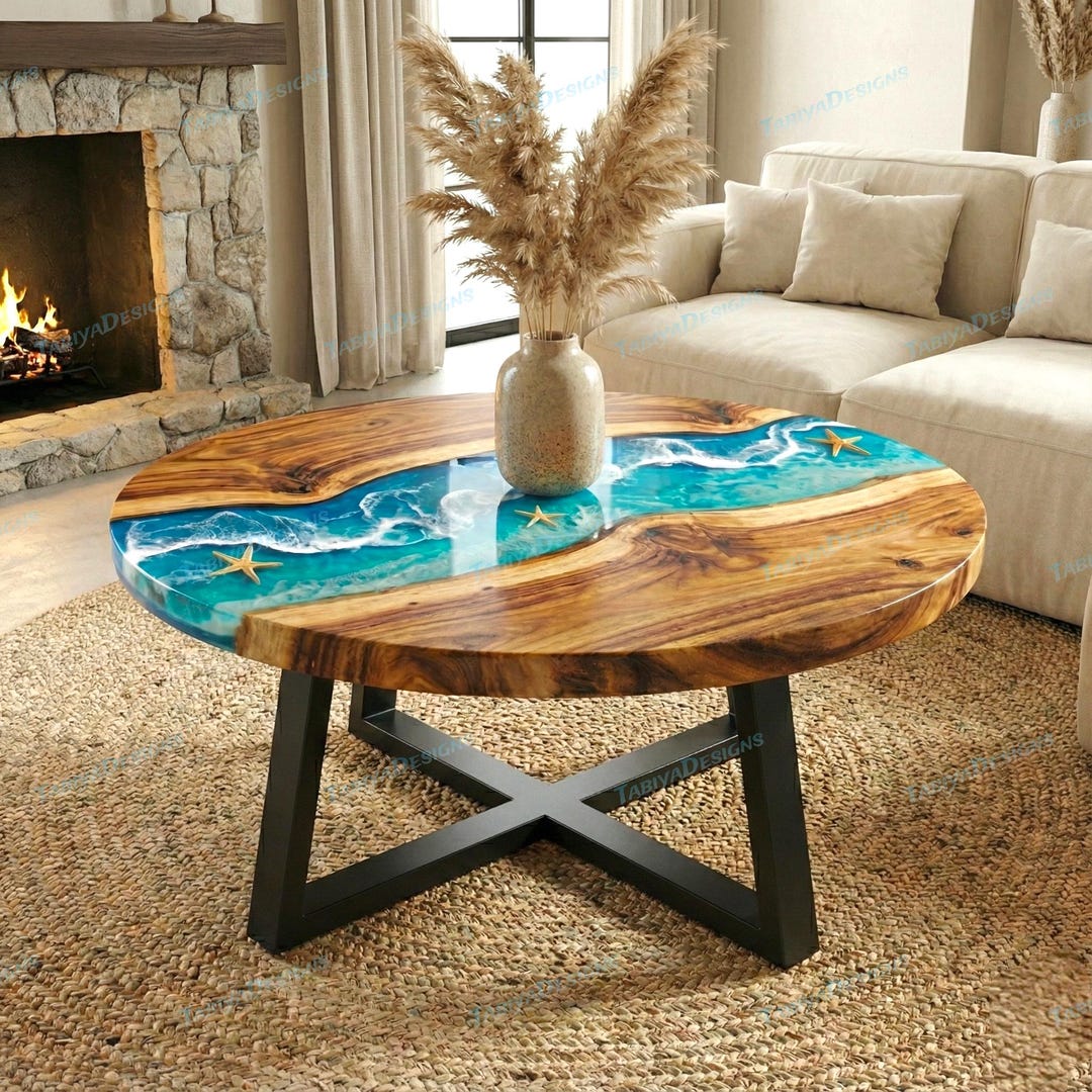 Blue Ocean Wave Epoxy Resin Wood Round Coffee Table | Handmade Luxury ...