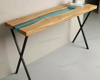 Metallic Blue Epoxy Resin & Solid Wood Console Table – Handmade Luxury Accent Furniture