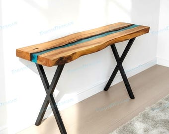 Exclusive Bluish Green Epoxy Resin Wood Console Table – High-End Handmade Design