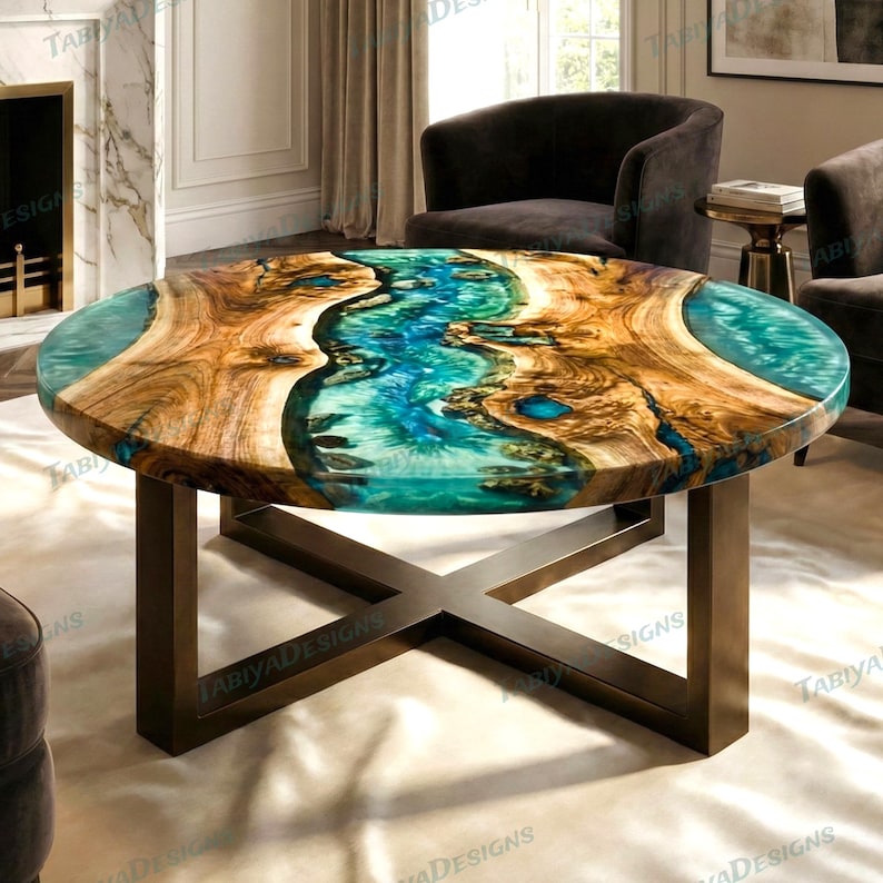 Metallic Teal Epoxy Resin & River Rocks Round Coffee Table | Handmade ...