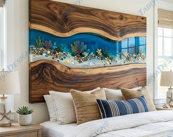 Handmade Blue Coastal Bed Headboard, Luxury Bedroom Wall Panel