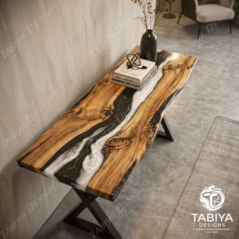 Handmade Black and White Live Edge Console Table, Modern Entryway ...