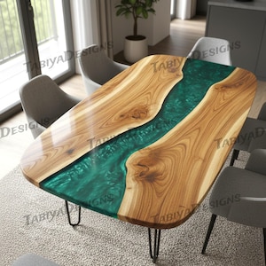 Mesa de comedor rectangular de resina epoxi metálica y madera con esquinas redondeadas: mesa de lujo hecha a mano.