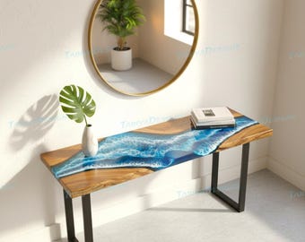 Wooden Epoxy Narrow Console Table for Entryway, Hallway, or Behind Sofa, Live Edge Ocean
