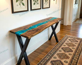 Wooden Epoxy Narrow Console Table for Entryway, Hallway, or Behind Sofa, Live Edge wood