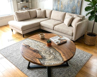 Mesa de centro redonda de resina epoxi de lujo, mesa de madera hecha a mano estilo río, pieza central moderna para sala de estar.