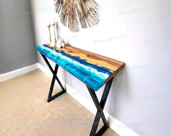 Ocean Resin Wood Narrow Console Table | Custom Entryway Hallway Sofa Back Table