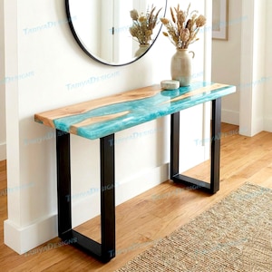 Custom Light Blue Epoxy Resin Console Table Solid Wood Entryway Hall Table