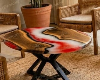 Mesa de centro oval moderna feita à mão em resina epóxi vermelha e branca.