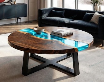 Tavolino da caffè rotondo di lusso in resina epossidica, tavolino centrale in legno realizzato a mano, mobile moderno per il soggiorno.