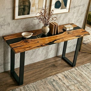 Consoletafel zwarte epoxyhars, houten rivieringang, modern handgemaakt meubilair