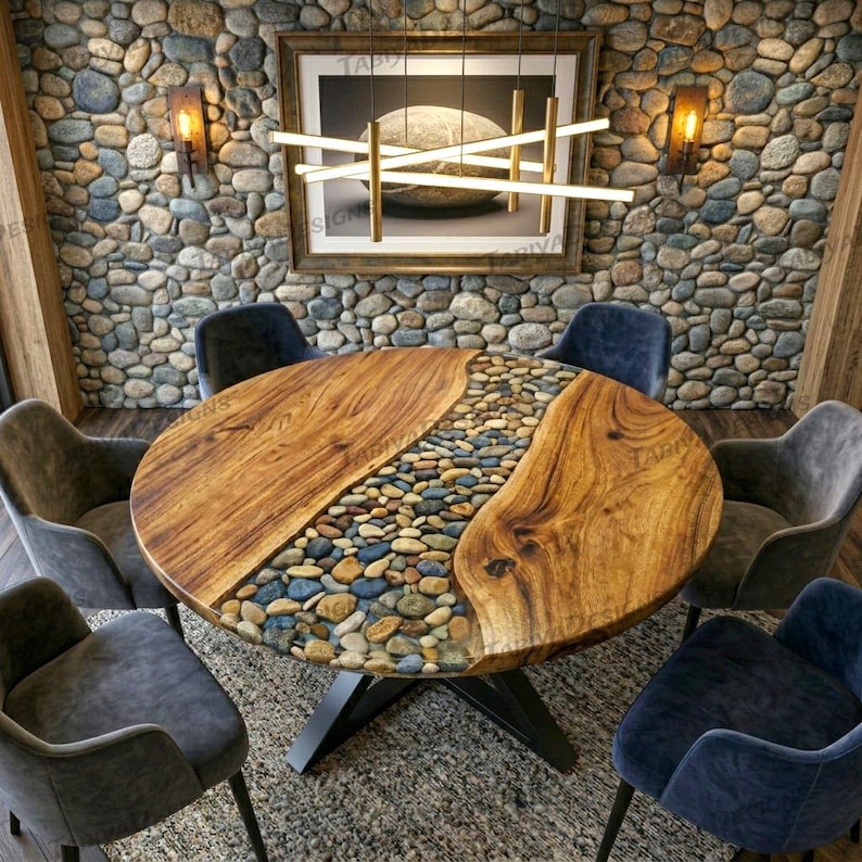 Epoxy Resin Dining Table With Natural Stone Inlay, Handmade Wood ...